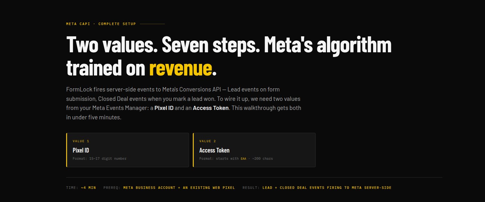 Meta CAPI walkthrough preview &mdash; Two values, seven steps, trained on revenue.